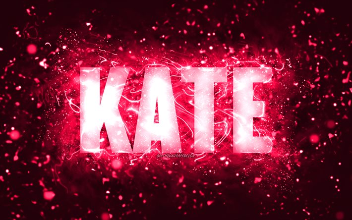 Happy Birthday Kate, 4k, pink neon lights, Kate name, creative, Kate Happy Birthday, Kate Birthday, popular american female names, picture with Kate name, Kate