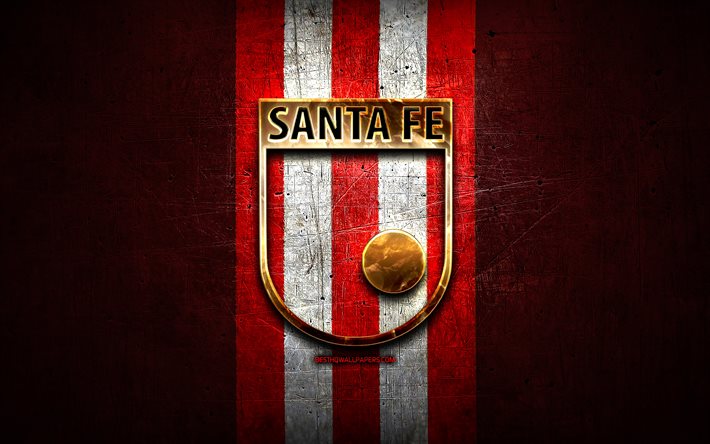 Independiente Santa Fe FC, logotipo dourado, Categoria Primera A, fundo de metal vermelho, futebol, clube de futebol colombiano, logotipo do Independiente Santa Fe, Independiente Santa Fe