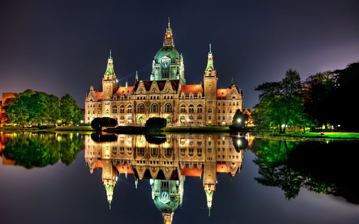 新市庁舎4k, ハノーファー, 都市の景観, 夜景, ドイツの都市, ヨーロッパ, ドイツ, ハノーバードイツ