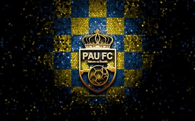 Pau FC, glitter logo, Ligue 2, blue yellow checkered background, soccer, french football club, Pau FC logo, mosaic art, football, FC Pau