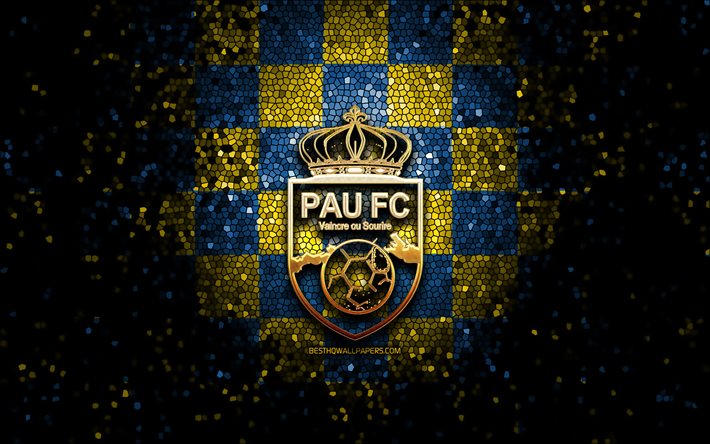 pau fc, glitzer-logo, ligue 2, blau-gelb karierter hintergrund, fu&#223;ball, franz&#246;sischer fu&#223;ballverein, pau fc-logo, mosaikkunst, fc pau