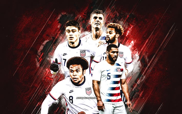 USA squadra nazionale di calcio, sfondo di pietra rossa, USA, calcio, squadra nazionale di calcio maschile degli Stati Uniti, Christian Pulisic, Weston McKennie