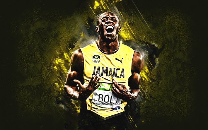 usain bolt, jamaikanischer athlet, jamaikanischer l&#228;ufer, olympiasieger, gelber steinhintergrund, usain bolt kunst