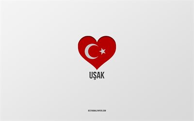 I Love Usak, Turkish cities, gray background, Usak, Turkey, Turkish flag heart, favorite cities, Love Usak