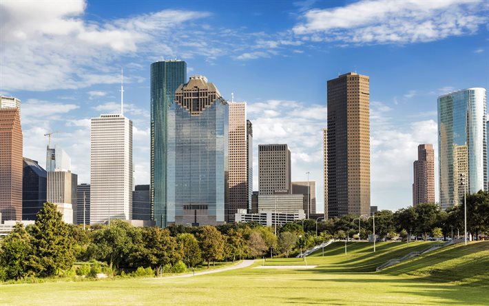 Houston, g&#246;kdelenler, Heritage Plaza, JPMorgan Chase Tower, Wells Fargo Plaza, Houston manzarası, Houston şehir manzarası, Texas, ABD