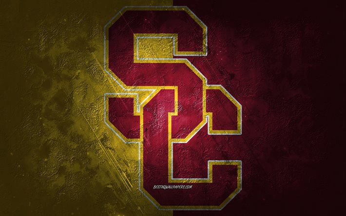 USC Trojans, &#233;quipe de football am&#233;ricain, fond jaune-rouge, logo USC Trojans, art grunge, NCAA, football am&#233;ricain, embl&#232;me USC Trojans