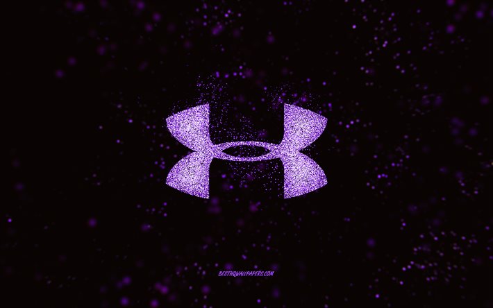 Under Armour glitter-logo, musta tausta, Under Armour-logo, violetti kimallustaide, Under Armour, luovaa taidetta, Under Armour violetti kimallus-logo