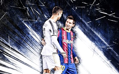 4k, Cristiano Ronaldo and Lionel Messi, grunge art, football stars, soccer, CR7, blue abstract rays, Lionel Messi, Cristiano Ronaldo