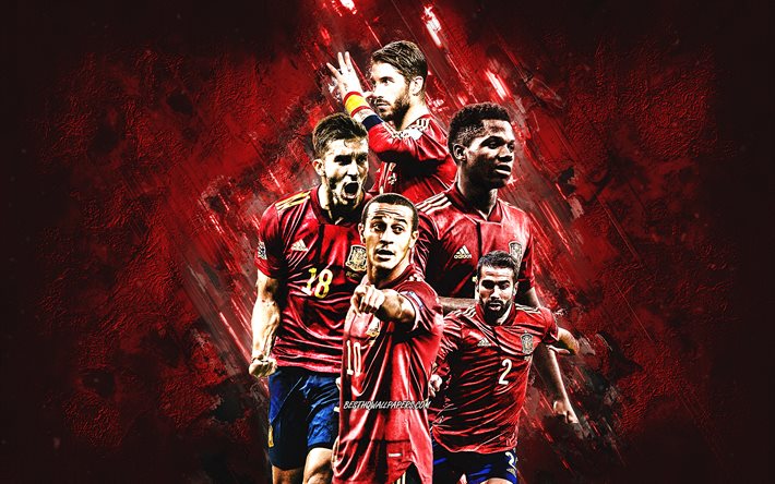 Spain national football team, red stone background, Spain, football, Sergio Ramos, Ansu Fati, Thiago Alcantara