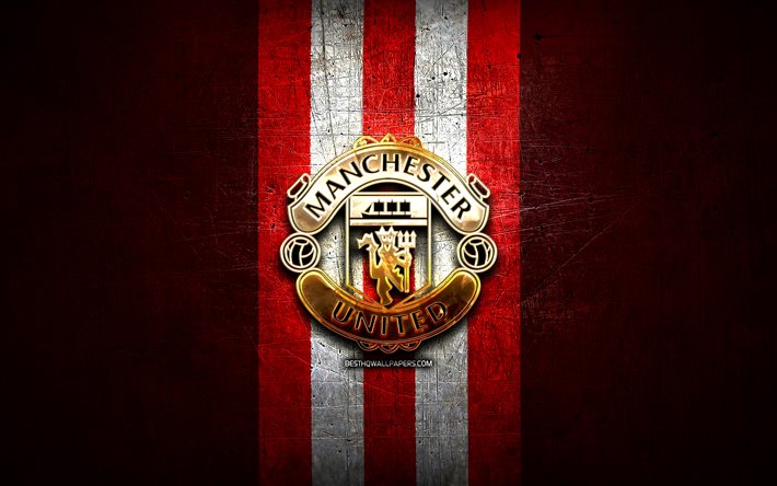 Download Wallpapers Manchester United Fc Golden Logo Premier League Red Metal Background Football English Football Club Manchester United Logo Man United Soccer Fc Manchester United For Desktop Free Pictures For Desktop Free