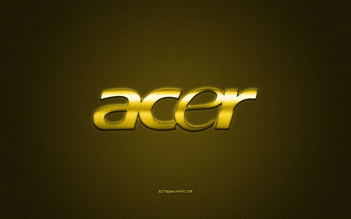 Logo Acer, sfondo giallo carbonio, logo Acer in metallo, emblema giallo Acer, Acer, struttura carbonio giallo