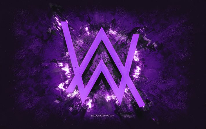 Logo Alan Walker, art grunge, fond de pierre pourpre, logo violet Alan Walker, Alan Walker, art cr&#233;atif, logo grunge violet Alan Walker