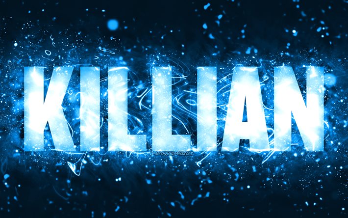 Happy Birthday Killian, 4k, luzes de n&#233;on azuis, nome Killian, criativo, Killian Happy Birthday, Killian Birthday, nomes masculinos americanos populares, imagem com o nome Killian, Killian