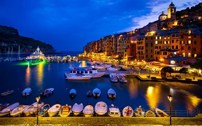 Porto Venere, bay, evening, yachts, boats, sunset, Porto Venere cityscape, Italy