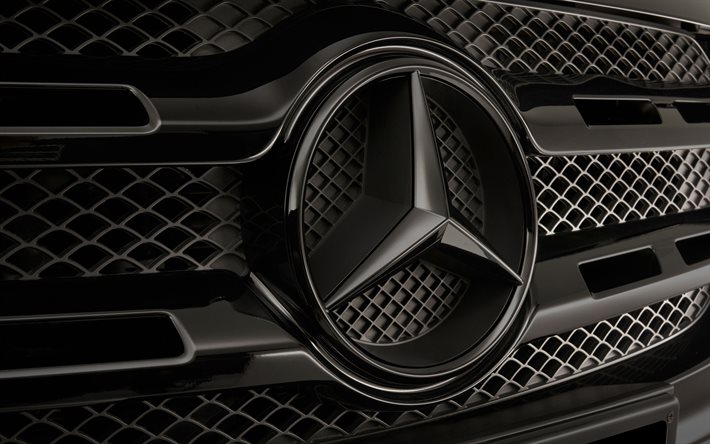 Mercedes-Benz logosu, 4k, yakın &#231;ekim, radyat&#246;r ızgarası, otomobil markaları, Mercedes 3D logosu, Mercedes-Benz