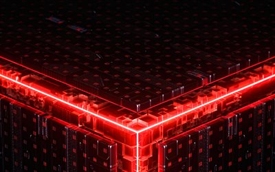red neon rays, 3D cubes, 4k, artwork, geometric shapes, creative, black cubes, background with cubes