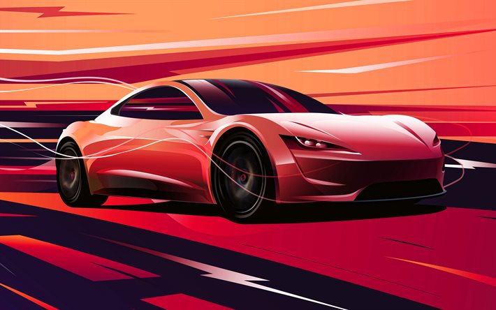 Tesla Roadster, 4k, coupe, soyut sanat, 2012 arabalar, elektrikli arabalar, soyut arabalar, Tesla