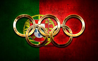 &#201;quipe olympique portugaise, anneaux olympiques d&#39;or, Portugal aux Jeux olympiques, cr&#233;atif, drapeau portugais, fond m&#233;tallique, &#233;quipe olympique du Portugal, drapeau du Portugal