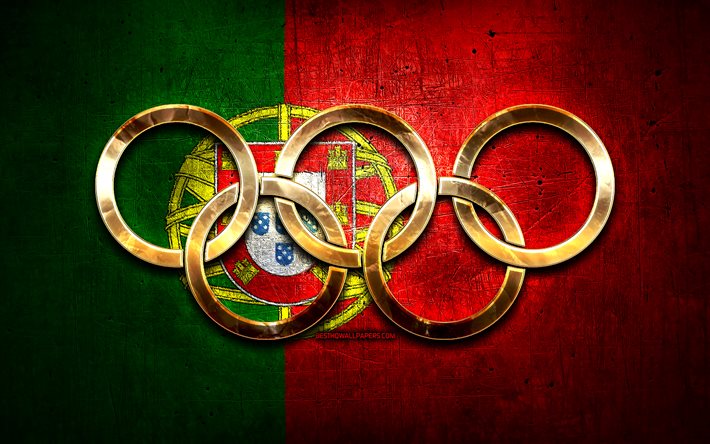 Portugisiska olympiska laget, gyllene olympiska ringar, Portugal vid OS, kreativ, portugisisk flagga, metallbakgrund, Portugal olympiska lag, Portugals flagga