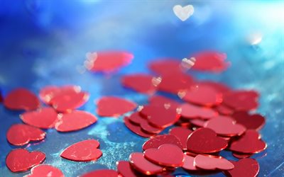 röda hjärtan, romantik, kärleksbakgrund, röda hjärtan på blå bakgrund, kärleksbegrepp