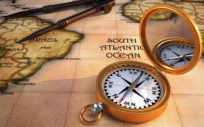 travel concepts, 4k, old map, compass, 3D art, maps, creative