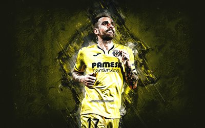 Paco Alcacer, Villarreal CF, spansk fotbollsspelare, porträtt, gul sten bakgrund, Villarreal, La Liga, fotboll