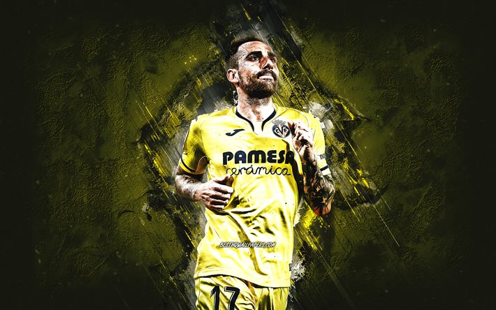 Paco Alcacer, Villarreal CF, espanjalainen jalkapalloilija, muotokuva, keltainen kivitausta, Villarreal, La Liga, jalkapallo