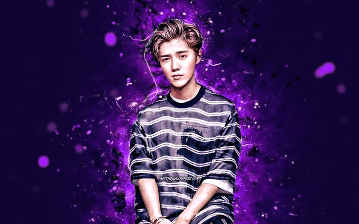 Luhan, 4k, luzes de n&#233;on violetas, cantor chin&#234;s, Lu Han, criativo, celebridade chinesa, Luhan 4K