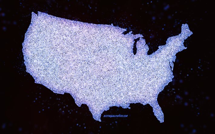 Mapa de brilho dos EUA, fundo preto, mapa dos EUA, arte glitter azul escuro, Mapa dos EUA, arte criativa, mapa azul escuro dos EUA, EUA