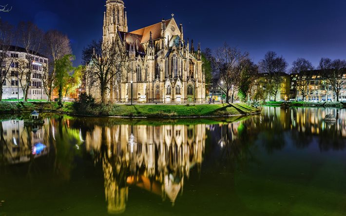 Stuttgart Katedrali, 4k, Stuttgart, gece manzaraları, alman şehirleri, Avrupa, Almanya, Almanya Şehirleri, Stuttgart Almanya, şehir manzaraları