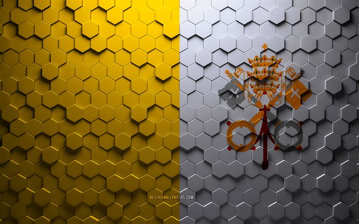 Drapeau de la Cit&#233; du Vatican, art en nid d&#39;abeille, drapeau des hexagones de la Cit&#233; du Vatican, Cit&#233; du Vatican, art des hexagones 3d, drapeau de la Cit&#233; du Vatican