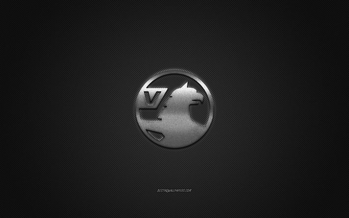 Logo Vauxhall, logo argent&#233;, fond gris en fibre de carbone, embl&#232;me en m&#233;tal Vauxhall, Vauxhall, marques de voitures, art cr&#233;atif