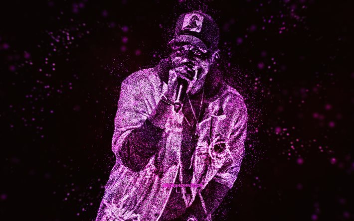 Wretch 32, purple glitter art, black background, British rapper, Wretch 32 art, Jermaine Sinclaire Scott