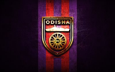 オディシャFC, 金色のロゴ, ISL, バイオレットメタル背景, フットボール。, インドのサッカークラブ, オディシャFCのロゴ, サッカー, インド, FCオディシャ