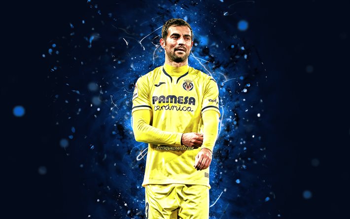 Raul Albiol, 4k, siniset neonvalot, Villarreal FC, espanjalaiset jalkapalloilijat, LaLiga, Raul Albiol Tortajada, jalkapallo, Villarreal CF, Raul Albiol 4K, Raul Albiol Villarreal