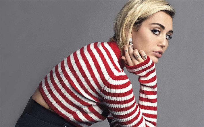 Miley Cyrus, American singer, blonde, beautiful woman, red sweater