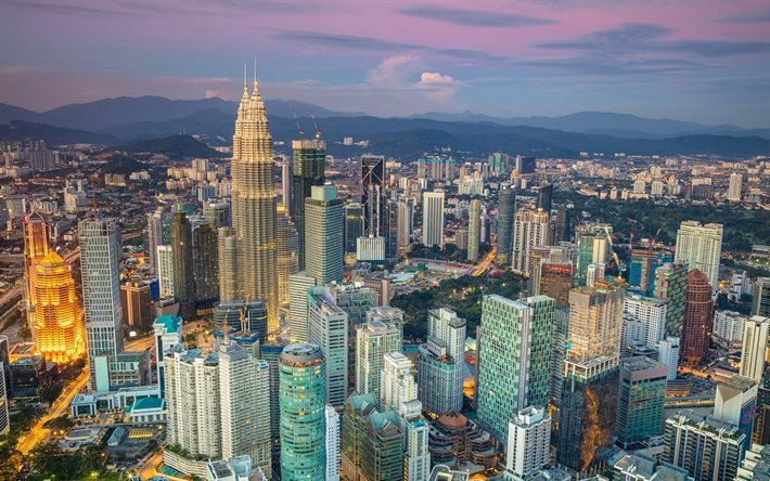 Kuala Lumpur, rascacielos, panorama urbano, Malasia, Petronas Towers