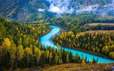 Asien, skogen, Kanas Sj&#246;n, blue lake, berg, Xinjiang, Kina