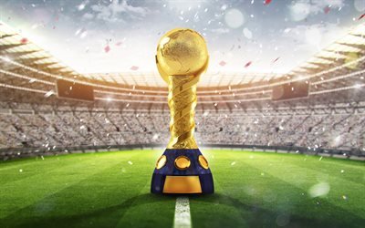 Ta&#231;a De Ouro, est&#225;dio de futebol, torneio, 2018 Copa do Mundo da FIFA R&#250;ssia, trof&#233;u, futebol gramado, 4k