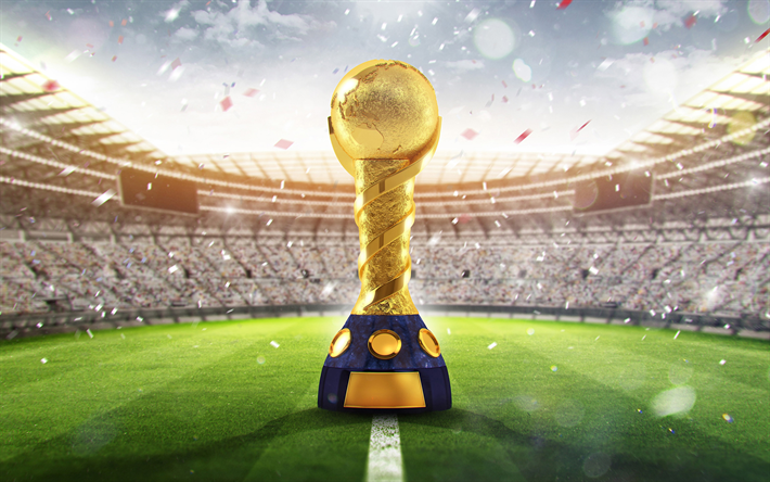 Gold Cup, football stadium, tournament, 2018 FIFA World Cup Russia, trophy, football lawn, 4k