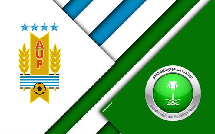 Uruguay vs Saudi Arabia, football game, 4k, 2018 FIFA World Cup, Group A, logos, material design, abstraction, Russia 2018, football, national teams, creative art, promo