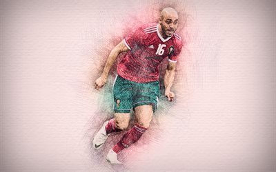 Nordin Amrabat, 4k, Moroccan football team, artwork, soccer, Amrabat, footballers, drawing Nordin Amrabat, Morocco National Team