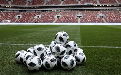 Adidas Telstar 18 de 2018, el bal&#243;n oficial de 2018 Copa Mundial de la FIFA, el f&#250;tbol de c&#233;sped, pasto, monta&#241;a de bolas, de Rusia 2018, el Estadio de Luzhniki
