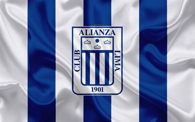 クラブAlianzaリマ, 4k, ロゴ, シルクの質感, ペルーサッカークラブ, 青白旗, ペルー Primera部門, リマ, ペルー, サッカー