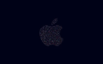 Apple, logo, arte criativa, 4k, fundo azul, a apple a partir de letras, emblema