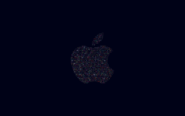 apple, logo, kreative kunst, 4k, blauer hintergrund, apfel aus buchstaben, emblem