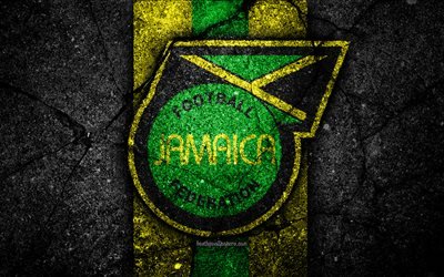 Jamaica equipo de f&#250;tbol nacional, 4k, emblema de la CONCACAF, grunge, Am&#233;rica del Norte, asfalto textura, f&#250;tbol, Jamaica, logotipo, los equipos nacionales, negro de piedra, equipo de f&#250;tbol de Jamaica
