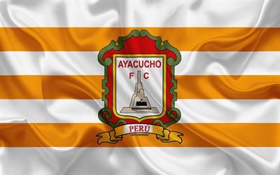 Ayacucho FC, 4k, ロゴ, シルクの質感, ペルーサッカークラブ, オレンジ白旗, ペルー Primera部門, Ayacucho, ペルー, サッカー