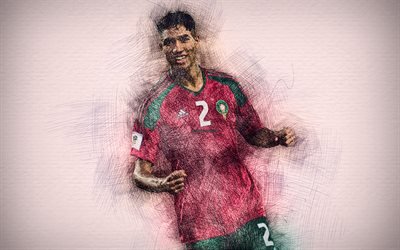 Achraf Hakimi, 4k, Moroccan football team, artwork, soccer, Hakimi, footballers, drawing Achraf Hakimi, Morocco National Team