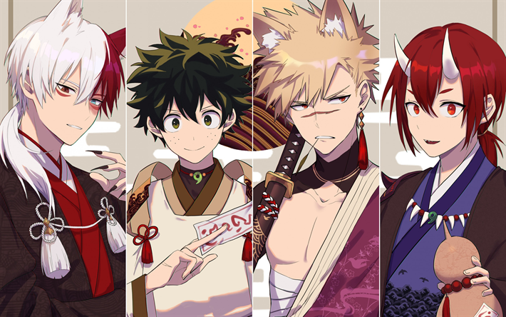 Boku N&#227;o Hero Academia, arte, todos os personagens, Izuku Midoriya, Katsuki Bakugou, Ochako Uraraka, Tenya Iida